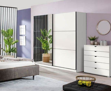 Valentina White 220cm Modern Sliding Wardrobe with Full-Length Mirror - UK Luxury Furniture